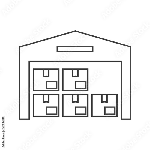 Icono almacén. Edificio de almacenamiento con cajas de cartón con lineas de color gris