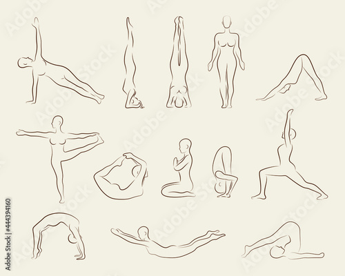 Set, collection of Isolated linear vector illustration of a hand-drawn girl. Stretching, pilates, yoga. Minimalistic style. Line art poster, print. Female body exercise poses. Training, body work.