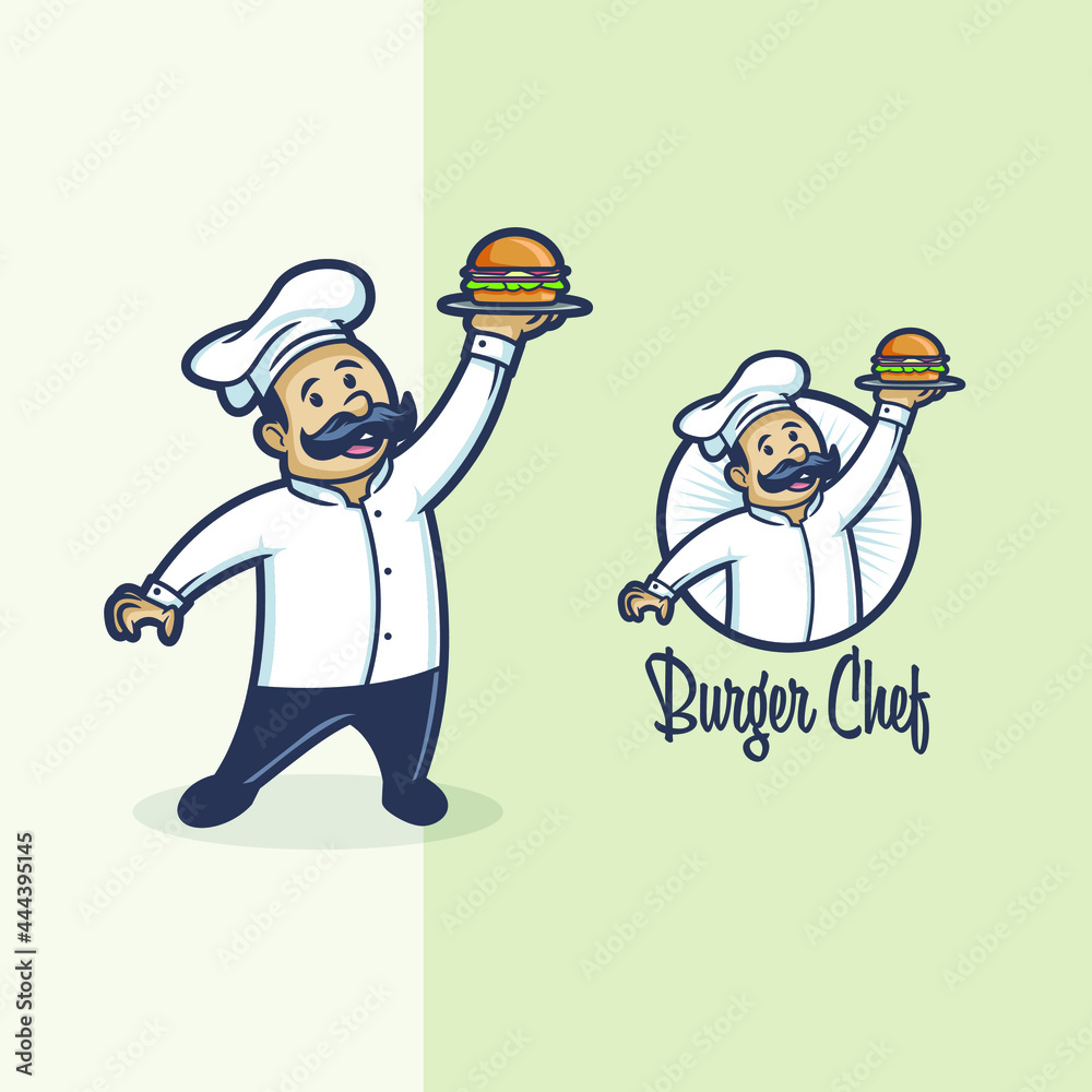 Chef with holding burger logo mascot illustration