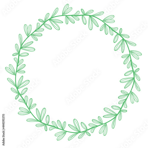 Green circular wreath of leaves  vector illustration. Simple minimalistic botanical frame. Deciduous outline for cards and greetings.