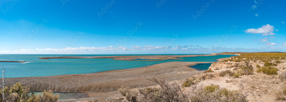 Panoramic view over Punta Norte oceanic landscape with marine wildlife at Peninsula Valdes Nature Reserve, attractive destination for tourists loving nature around world, Patagonia, Chubut, Argentina.