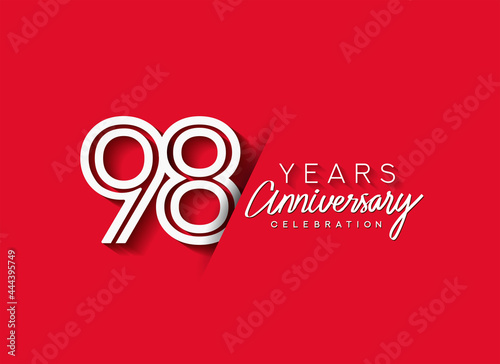 98th Years Anniversary celebration logo, flat design isolated on red background.