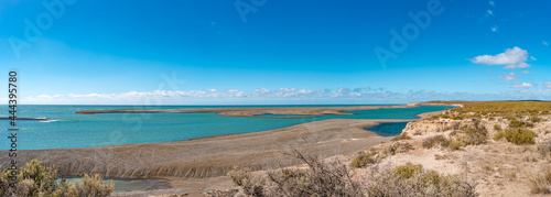 Panoramic view over Punta Norte oceanic landscape with marine wildlife at Peninsula Valdes Nature Reserve, attractive destination for tourists loving nature around world, Patagonia, Chubut, Argentina.