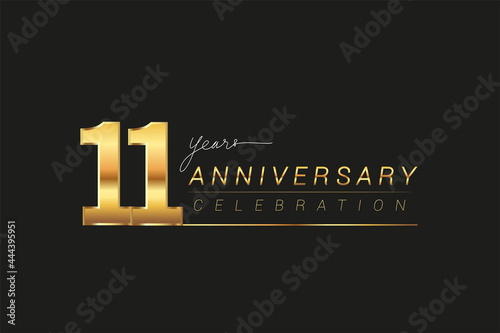 11th years anniversary celebration logotype. Anniversary logo with golden and silver color isolated on black background, vector design for celebration, invitation card, and greeting card.