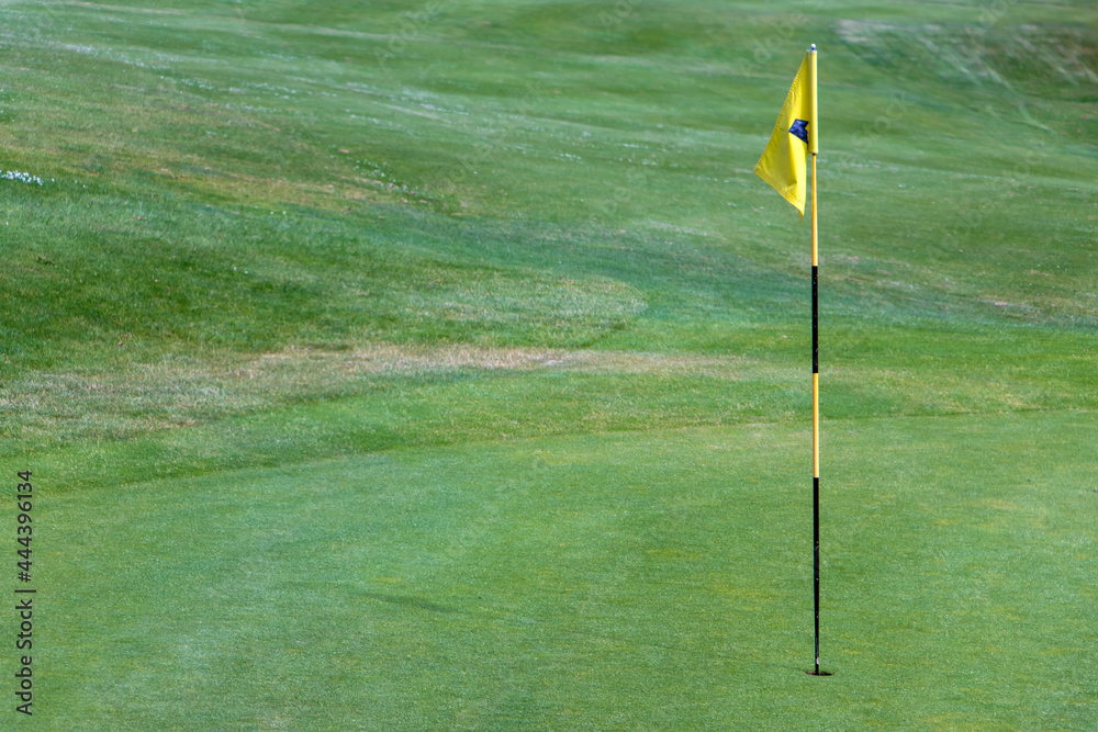 Obraz premium A yellow flag on a pole in a hole on a golf course