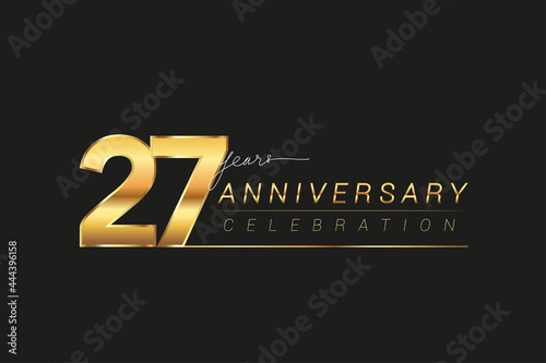 27th years anniversary celebration logotype. Anniversary logo with golden and silver color isolated on black background, vector design for celebration, invitation card, and greeting card.