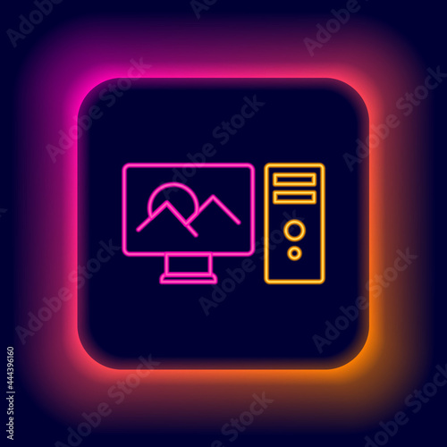 Glowing neon line Photo retouching icon isolated on black background. Photographer, photography, retouch icon. Colorful outline concept. Vector