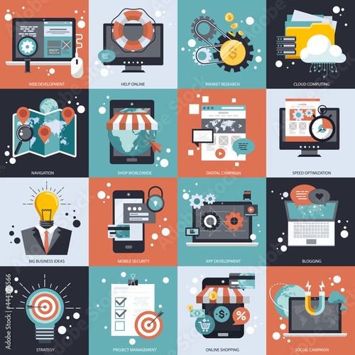 Business and technology icon set for websites and mobile applications. Flat vector illustration