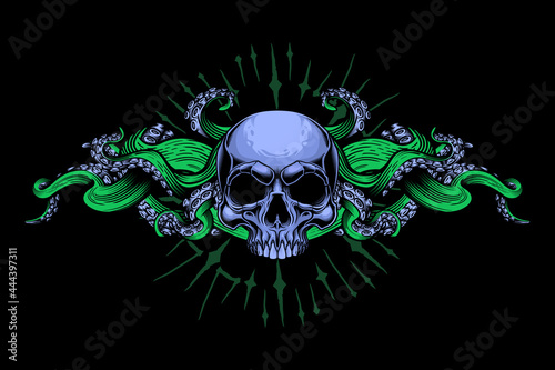 Evil skull with tentacles design. Vector illustration of human skull with octopus tentacles in engraving technique isolated on black.