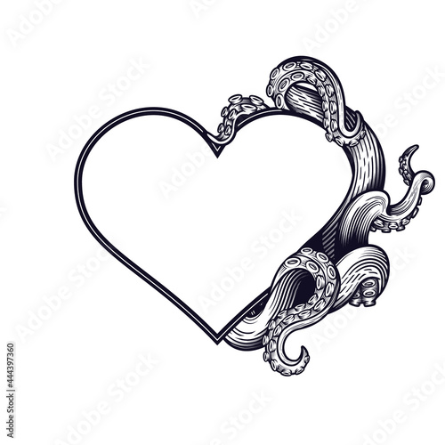 Tentacles heart shape label frame design. Hand drawn vector illustration of tentacles in shape of heart in engraving technique isolated on white.  