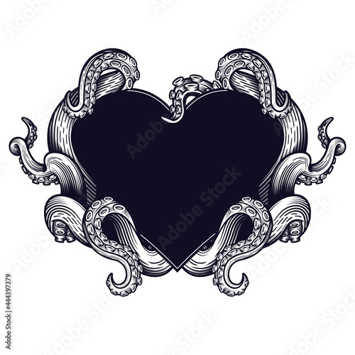 Tentacles heart shape label frame design. Hand drawn vector illustration of tentacles in shape of heart in engraving technique isolated on white.  