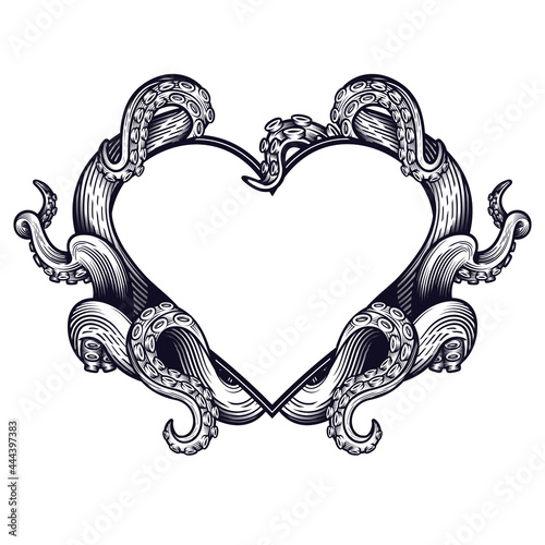Tentacles heart shape label frame design. Hand drawn vector illustration of tentacles in shape of heart in engraving technique isolated on white.  