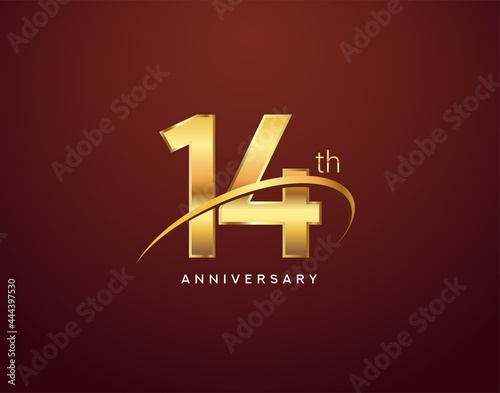 14th anniversary logotype golden color with swoosh, isolated on elegant background for anniversary celebration event.