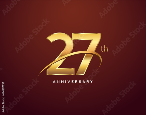 27th anniversary logotype golden color with swoosh, isolated on elegant background for anniversary celebration event.