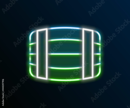Glowing neon line Wooden barrel icon isolated on black background. Alcohol barrel, drink container, wooden keg for beer, whiskey, wine. Colorful outline concept. Vector
