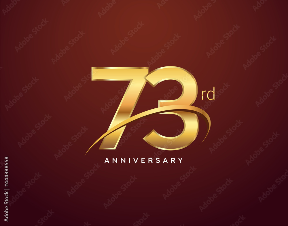 73rd anniversary logotype golden color with swoosh, isolated on elegant background for anniversary celebration event.