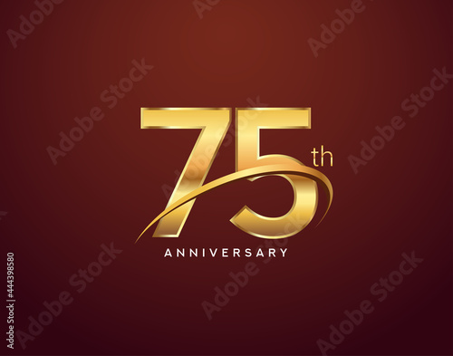 75th anniversary logotype golden color with swoosh, isolated on elegant background for anniversary celebration event.