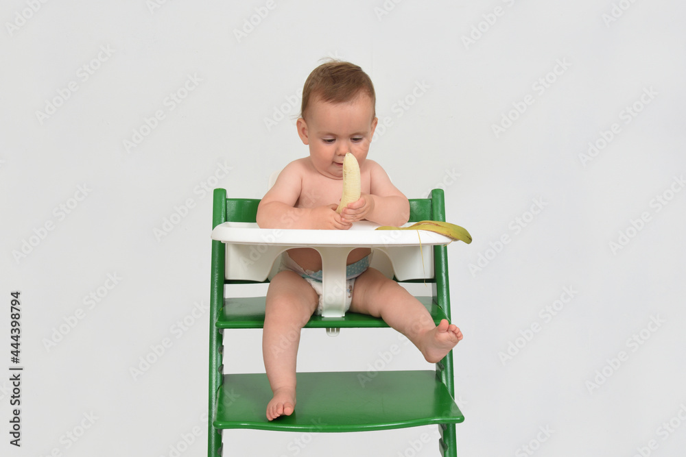 child who is playing while eating in a highchair on white background child who is playing while eating in a highchair on white background