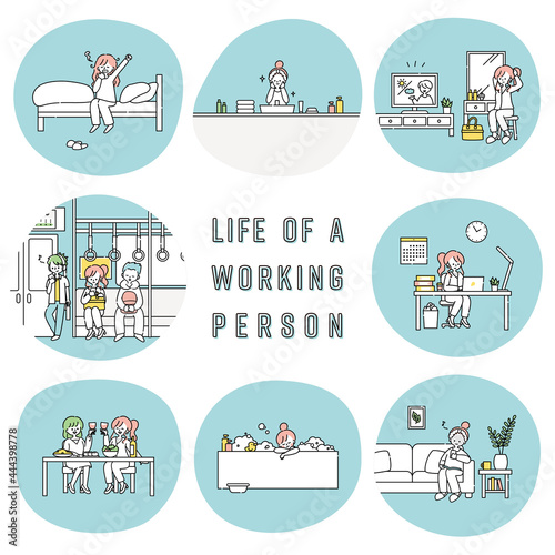 働く女性の1日のイラストセット