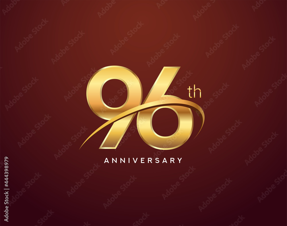 96th anniversary logotype golden color with swoosh, isolated on elegant background for anniversary celebration event.