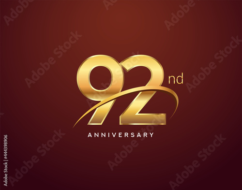 92nd anniversary logotype golden color with swoosh, isolated on elegant background for anniversary celebration event.