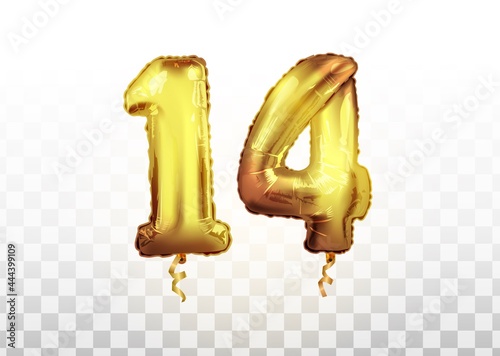 Vector realistic isolated golden balloon number of 14 for invitation decoration on the transparent background. Celebrating of 14 th years birthday vector 3d illustration.