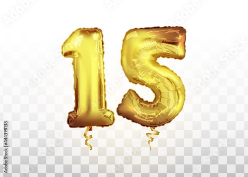 celebration fifteen years birthday. Anniversary number 15 foil gold balloon. Happy birthday, congratulations poster. Vector background