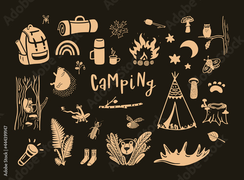 Camping hand drawn cute vector elements against the dark background