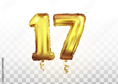 vector Golden number 17 seventeen metallic balloon. Party decoration golden balloons. Anniversary sign for happy holiday, celebration