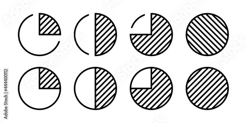 Pie charts diagrams. Set of different simple circles isolated. Process cycle. Infographic element round shape. Vector illustration.	