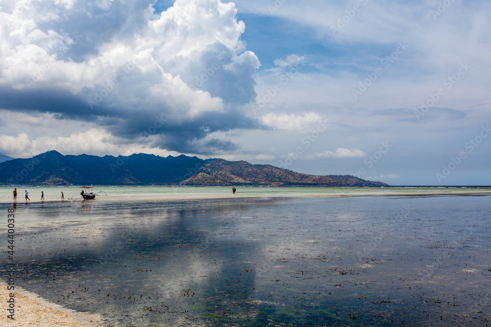 Sandy beach on Gili Air and view at the Bali Sea, Indonesia, Asia