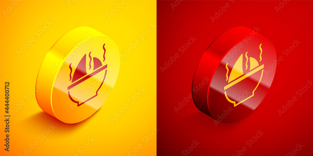 Isometric Shark fin soup icon isolated on orange and red background. Circle button. Vector Isometric Shark fin soup icon isolated on orange and red background. Circle button. Vector