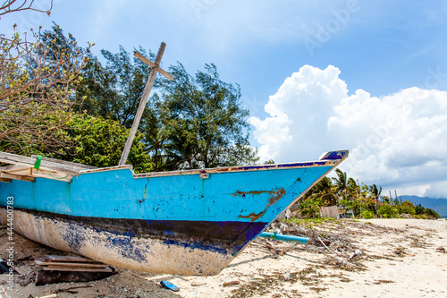 Blue and white fishing boat on the beach of Gili Air  Indonesia  Southeast Asia