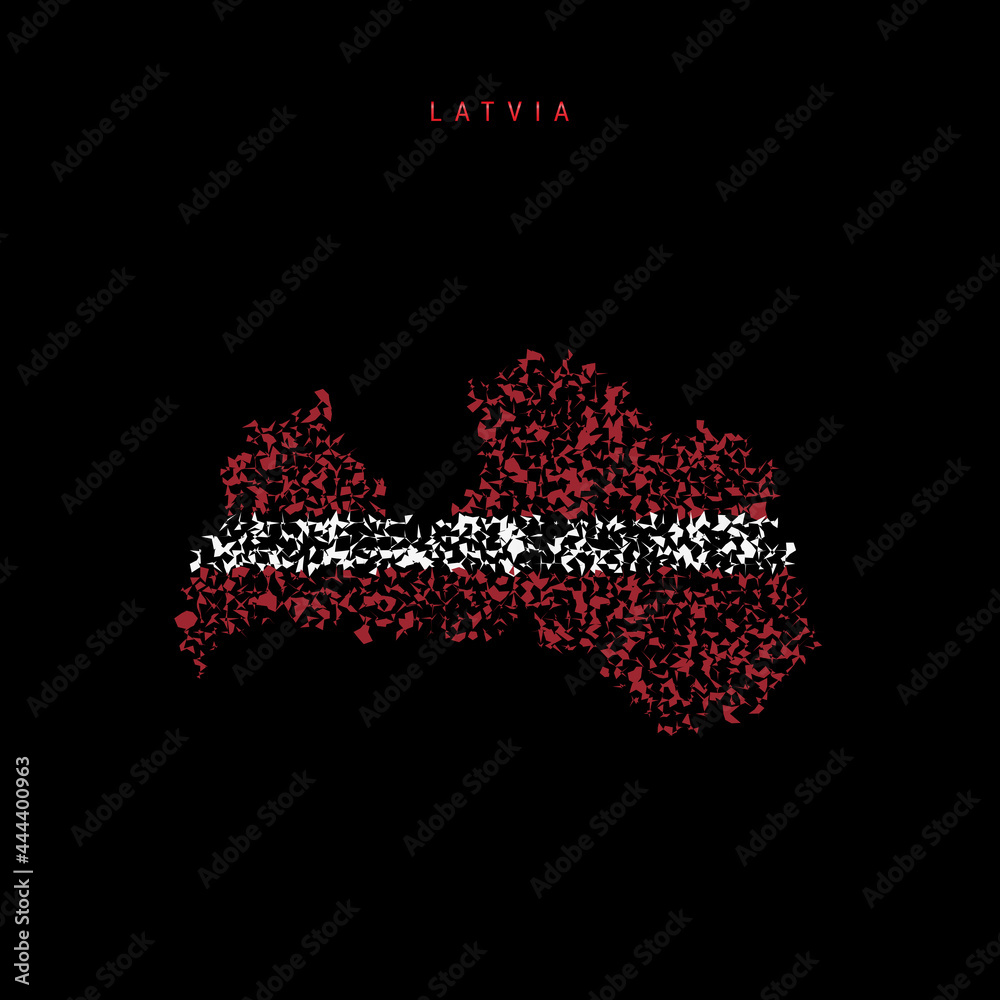 Latvia flag map, chaotic particles pattern in the Latvian flag colors. Vector illustration Latvia flag map, chaotic particles pattern in the Latvian flag colors. Vector illustration