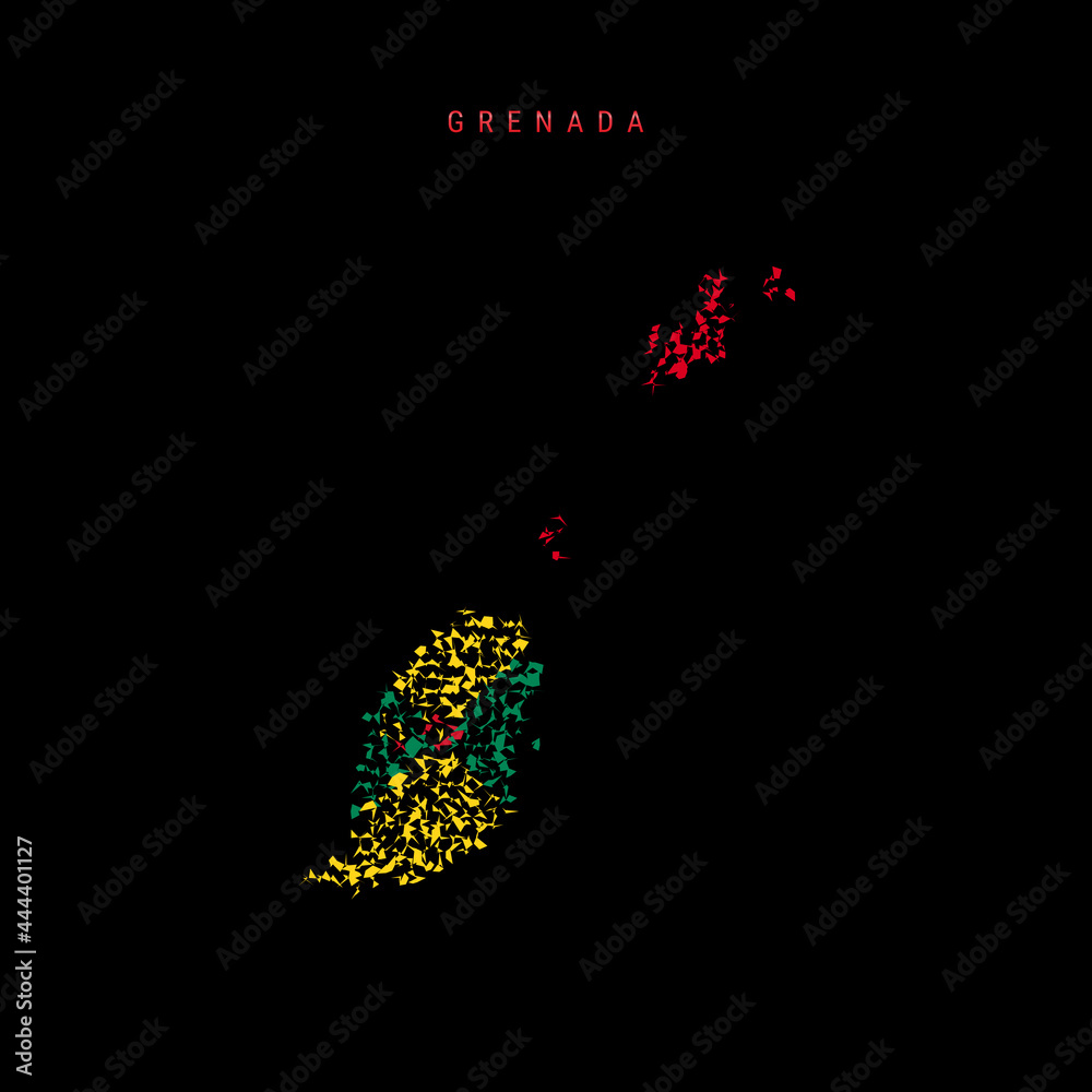 Grenada flag map, chaotic particles pattern in the Grenadian flag colors. Vector illustration