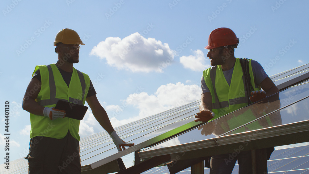 Male engineers examining photovoltaic panels on sunny day