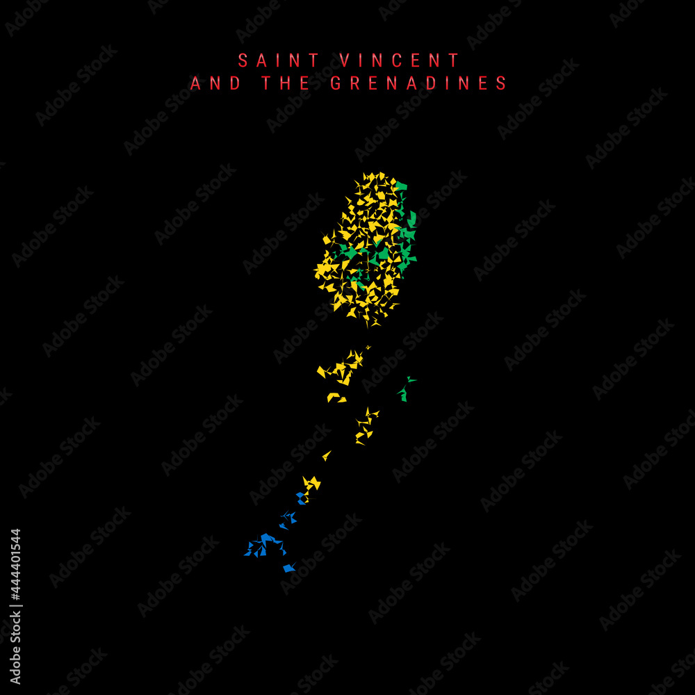 Saint Vincent and the Grenadines flag map, chaotic particles pattern in the Vincentian flag colors. Vector illustration