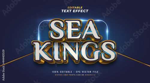 Sea Kings Text in White, Blue and Gold with 3D Embossed Effect. Editable Text Style Effect