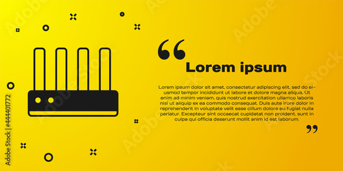 Black Router and wi-fi signal icon isolated on yellow background. Wireless ethernet modem router. Computer technology internet. Vector