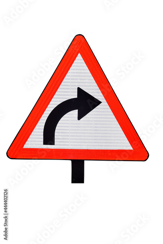 Traffic circle shaped U Turn sign with post on white background.