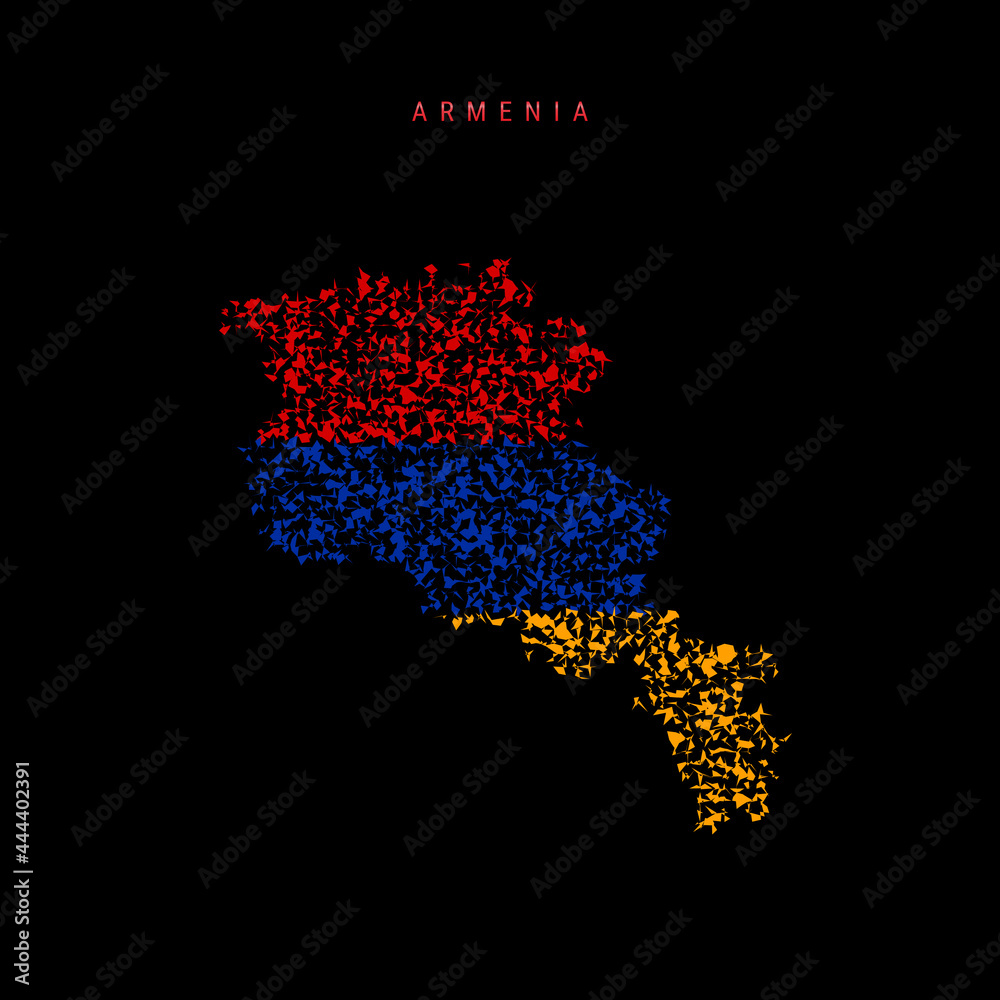 Obraz premium Armenia flag map, chaotic particles pattern in the Armenian flag colors. Vector illustration