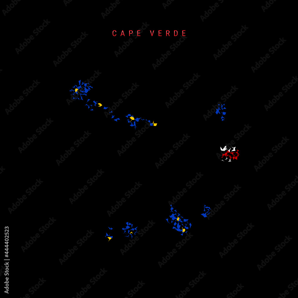 Cape Verde flag map, chaotic particles pattern in the Cabo Verde flag colors. Vector illustration
