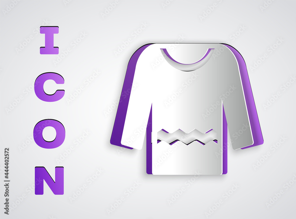 Paper cut Sweater icon isolated on grey background. Pullover icon. Paper art style. Vector Paper cut Sweater icon isolated on grey background. Pullover icon. Paper art style. Vector