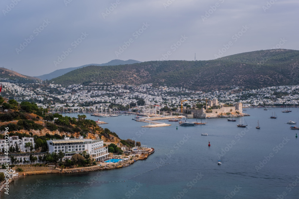Bodrum, Turkey - october 2020: View from Bodrum coast. Bodrum is one of the most popular summer destinations on Turkey, located by the Aegean Sea, Turkish Riviera.