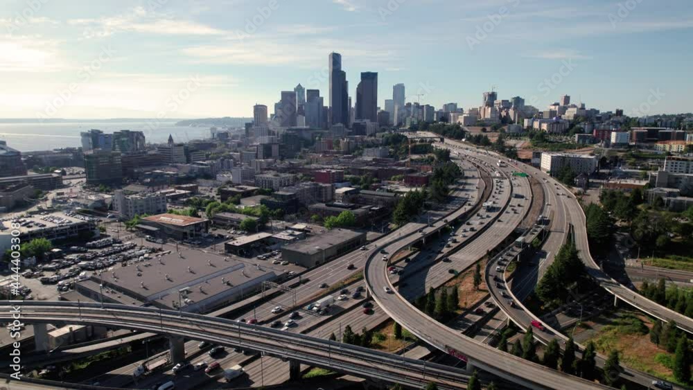 Epic Aerial View of Downtown Skyscraper Buildings in Seattle Washington Skyline Epic Aerial View of Downtown Skyscraper Buildings in Seattle Washington Skyline