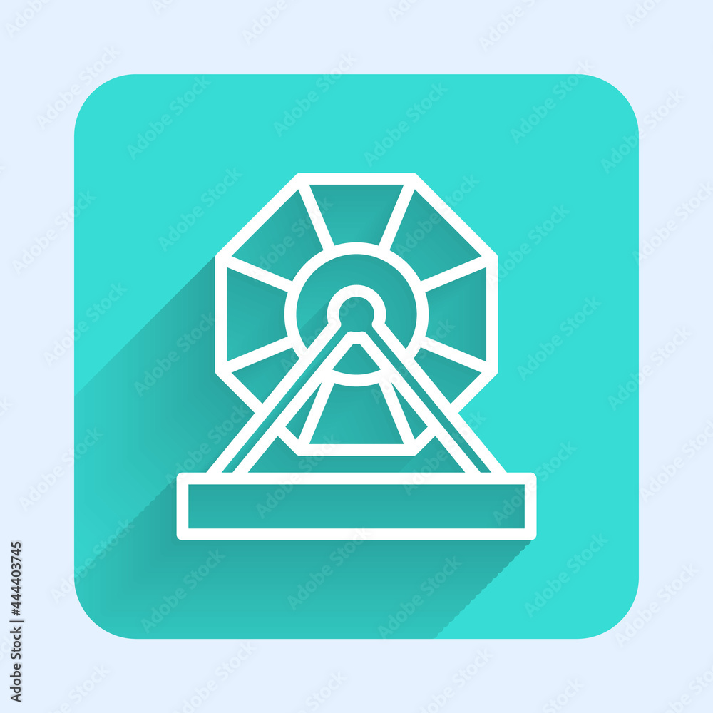 White line Lottery machine icon isolated with long shadow. Lotto bingo game of luck concept. Wheel drum leisure. Green square button. Vector White line Lottery machine icon isolated with long shadow. Lotto bingo game of luck concept. Wheel drum leisure. Green square button. Vector