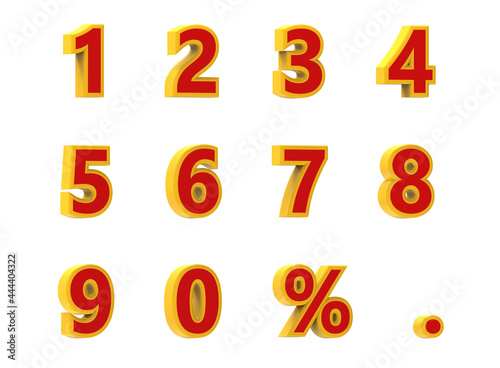 Numerical letters with percentage symbol and a dot symbol in red and yellow color - 3D illustration