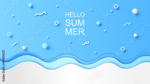 Illustration of Pool with bubbles and Hello Summer calligraphy. Hello Summer poster. paper cut and craft style. vector, illustration.