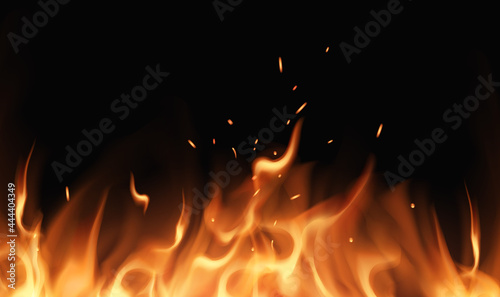 Fire flames and sparks with horizontal repetition on black background. Flame with fiery sparks. Fire flames Burning red hot sparks realistic abstract background. Vector illustration EPS10