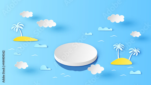 White circle stage podium scene floating in the sea on aerial view. Summer stage podium mockup template. Circle podium scene with sea landscape. paper cut and craft style. vector, illustration.